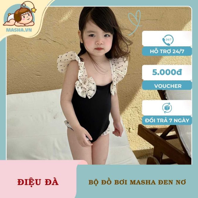 Bộ Đồ Bơi Bé Gái Masha Màu Đen Nơ