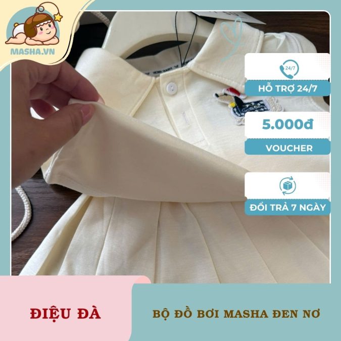 Set Áo Polo Bé Gái Masha Màu Kem Cổ Đức Chân Váy Xếp Ly