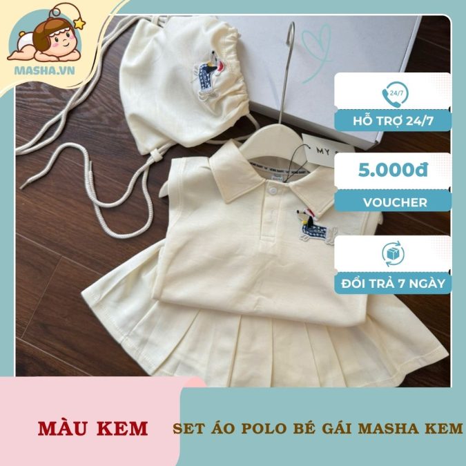 Set Áo Polo Bé Gái Masha Màu Kem