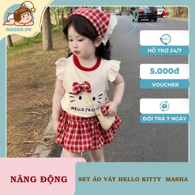 Set Áo Thun Bé Gái Hello Kitty Chân Váy Caro Đỏ Masha