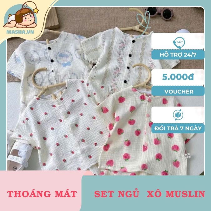 Bộ cộc tay vải xô Muslin dáng cài cúc dọc