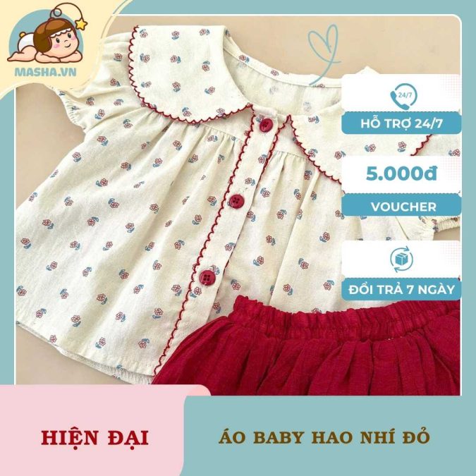 Áo Bé Gái Hoa Nhí Đỏ Cổ Sen Tay Bồng Masha 4