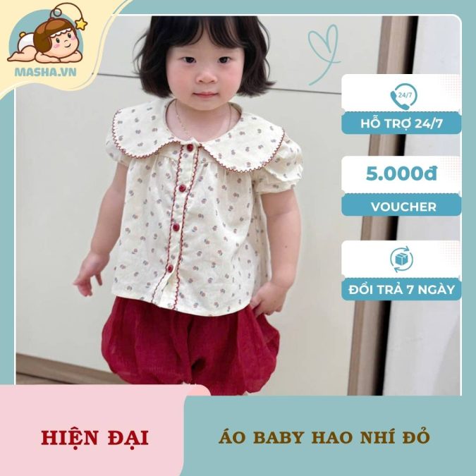 Áo Bé Gái Hoa Nhí Đỏ Cổ Sen Tay Bồng Masha 3