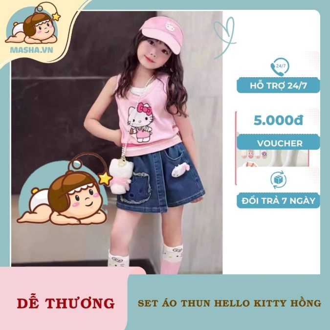 Set Áo Thun Bé Gái Hello Kitty Hồng Quần Short Bò Masha1