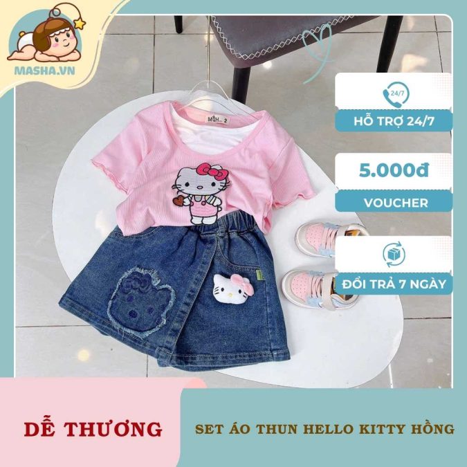 Set Áo Thun Bé Gái Hello Kitty Hồng Quần Short Bò Masha2