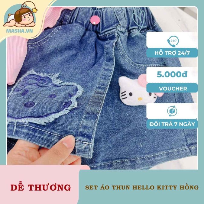 Set Áo Thun Bé Gái Hello Kitty Hồng Quần Short Bò Masha3