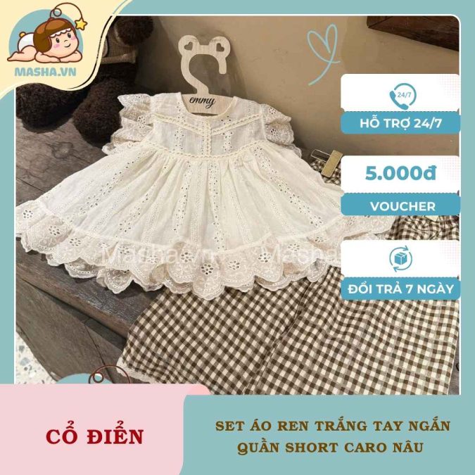 Set Áo Ren Trắng Bé Gái Tay Ngắn Quần Short Caro Nâu 2