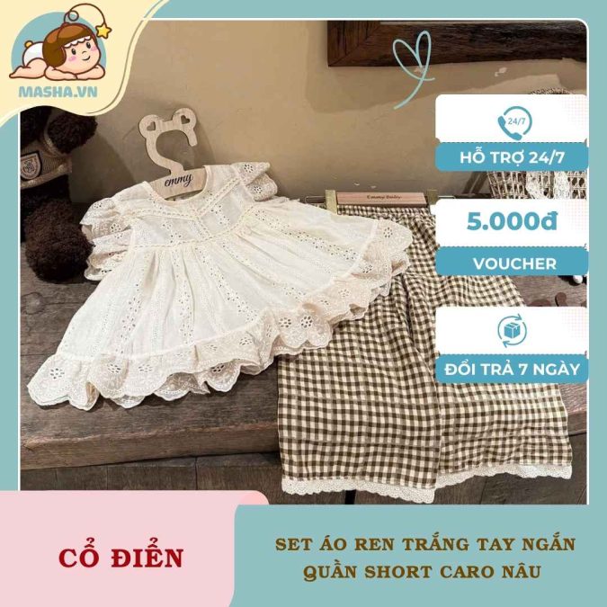 Set Áo Ren Trắng Bé Gái Tay Ngắn Quần Short Caro Nâu 3