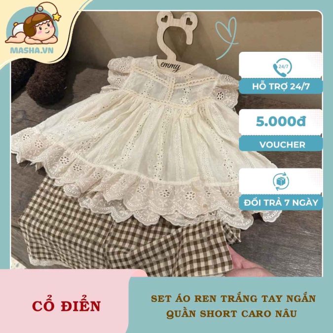 Set Áo Ren Trắng Bé Gái Tay Ngắn Quần Short Caro Nâu 1