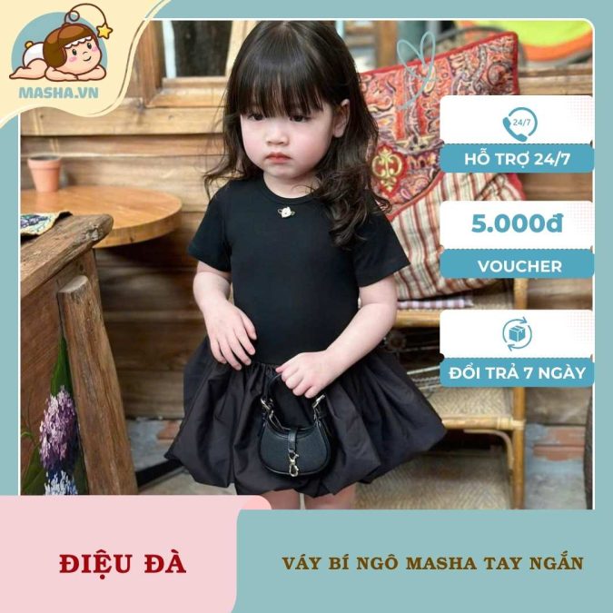 Váy Bí Ngô Bé Gái Masha Màu Đen Tay Ngắn1