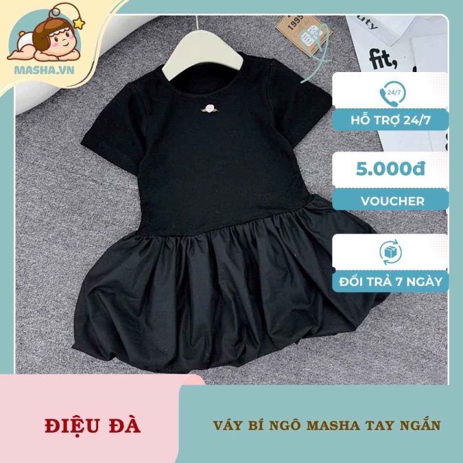 Váy Bí Ngô Bé Gái Masha Màu Đen Tay Ngắn2