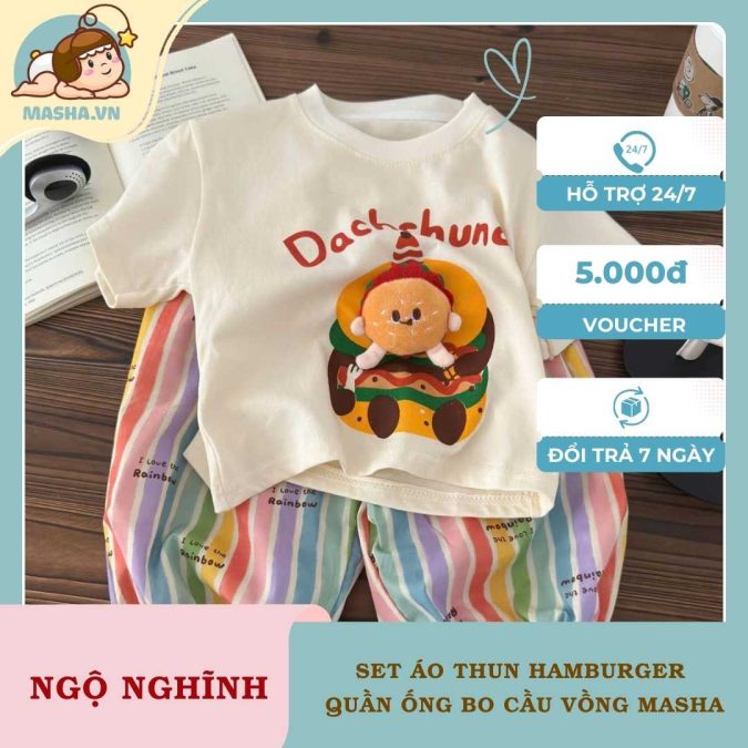 Set Áo Thun hamburger Quần Ống Bo Cầu Vồng Masha2