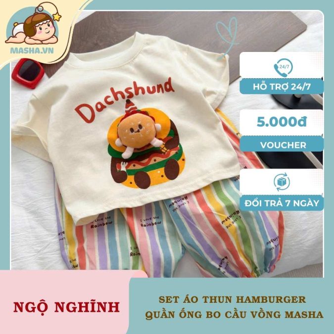 Set Áo Thun hamburger Quần Ống Bo Cầu Vồng Masha1