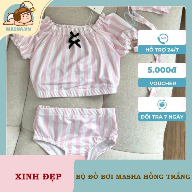 Bộ Đồ Bơi Bé Gái Masha Hồng Kẻ Trắng