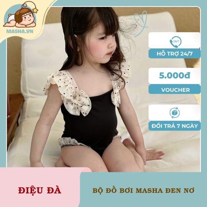 Bộ Đồ Bơi Bé Gái Masha Màu Đen Thiết Kế Điệu Đà
